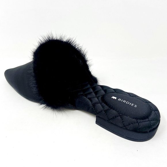 Birdies The Dove Onyx Black Womens Slip On Mink Fur Pointed Toe Mules - Picture 3 of 5